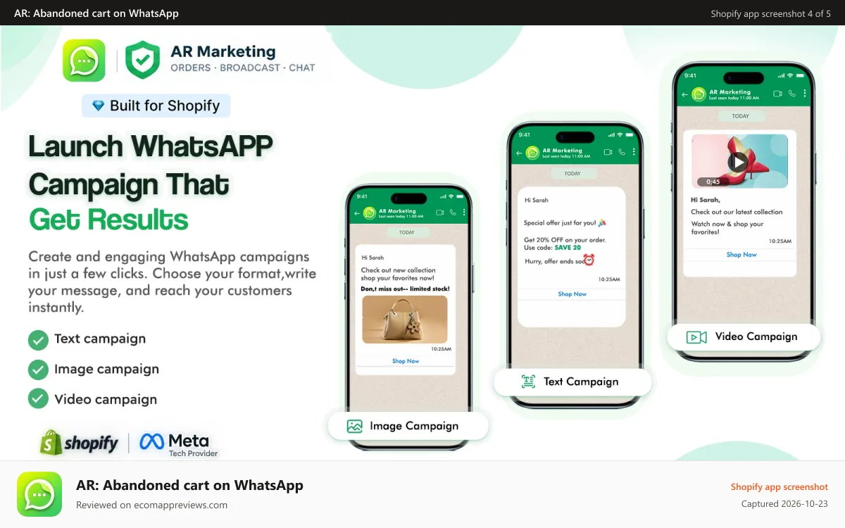 AR: Abandoned cart on WhatsApp Shopify app screenshot: SS4