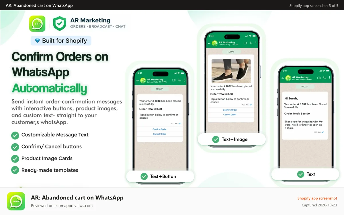 AR: Abandoned cart on WhatsApp Shopify app screenshot: SS5
