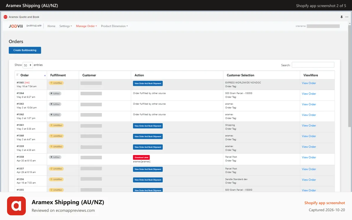 Aramex Shipping (AU/NZ) Shopify app screenshot: Order Listing
