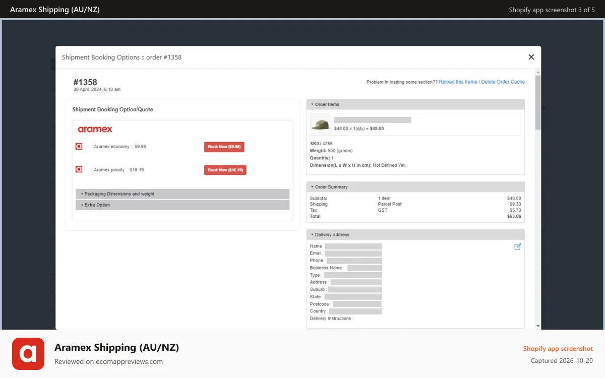 Aramex Shipping (AU/NZ) Shopify app screenshot: Aramex Quotation