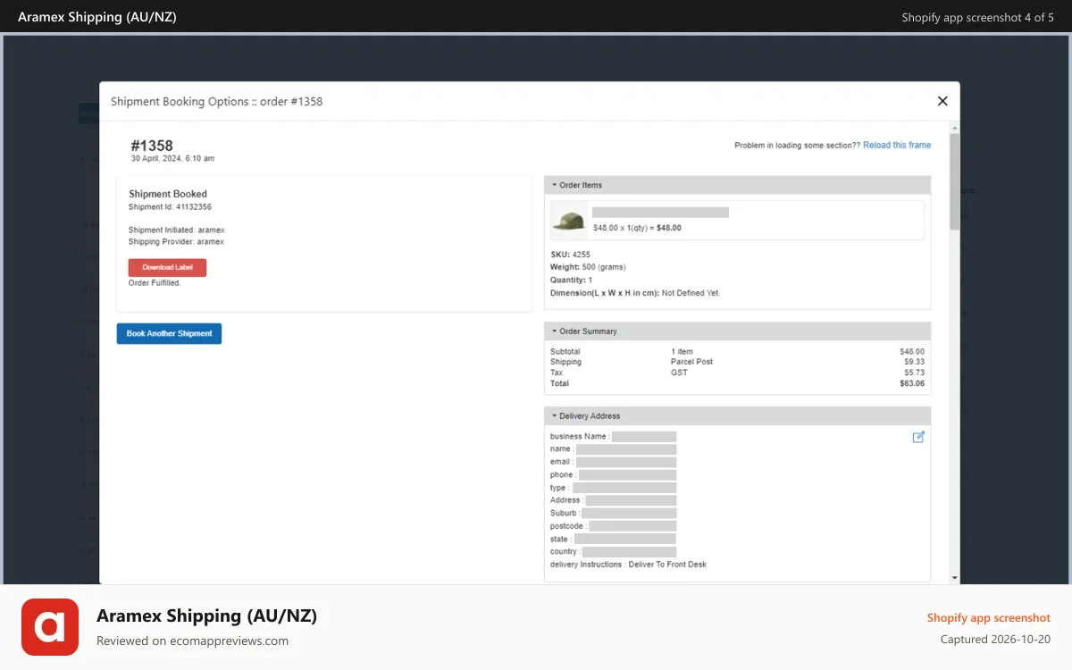 Aramex Shipping (AU/NZ) Shopify app screenshot: Aramex Shipment label