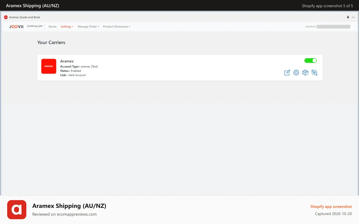 Aramex Shipping (AU/NZ) Shopify app screenshot: Account settings