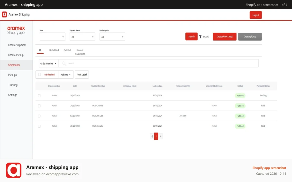 Aramex ‑ shipping app Shopify app screenshot: Order listing page - app interface
