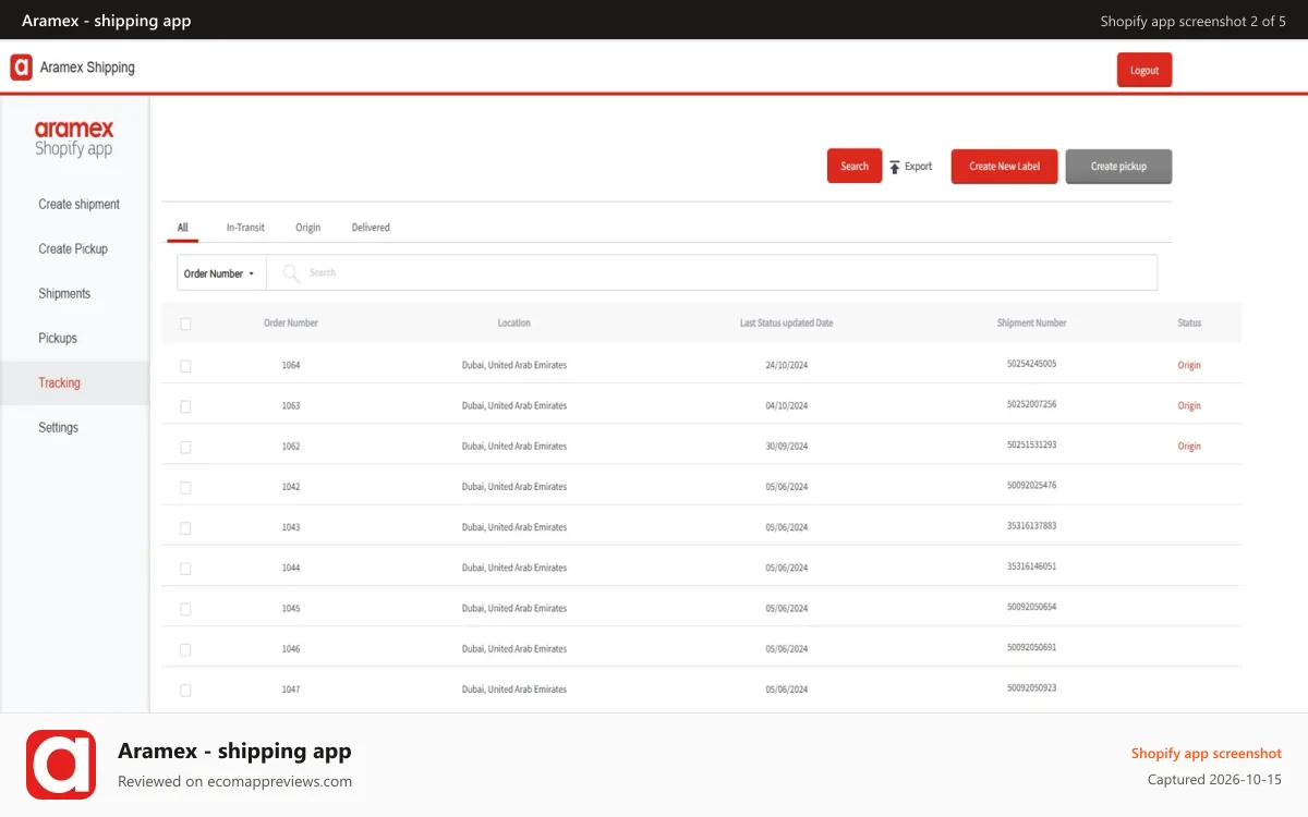 Aramex ‑ shipping app Shopify app screenshot: Tracking page