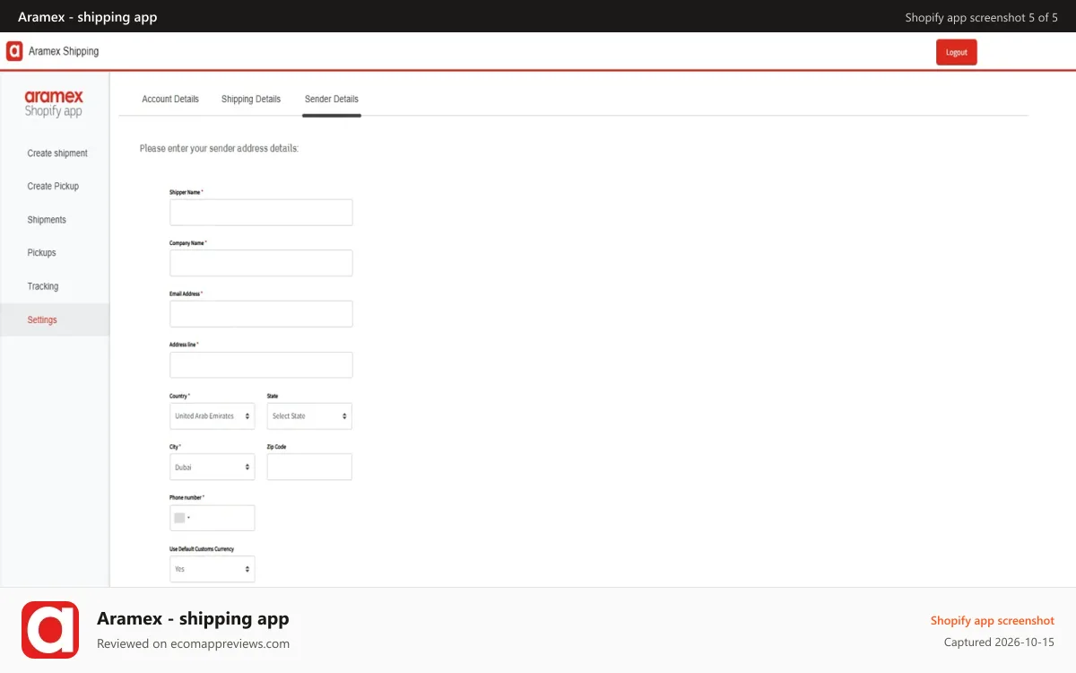 Aramex ‑ shipping app Shopify app screenshot: Sender address details