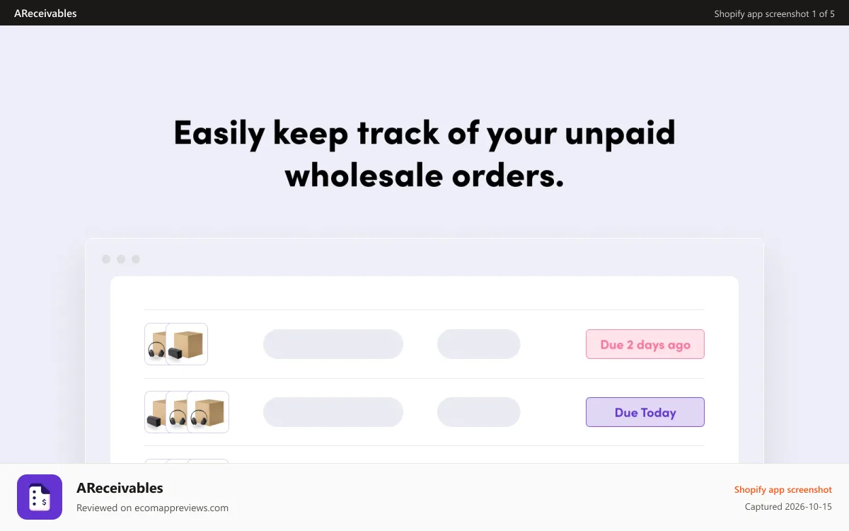 AReceivables Shopify app screenshot: Accounts Receivables - easily keep track of unpaid orders