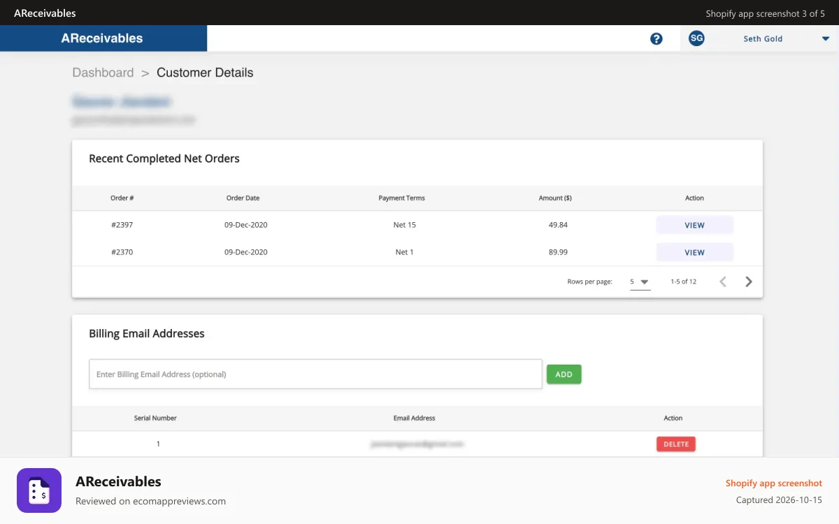 AReceivables Shopify app screenshot: Customer Screen