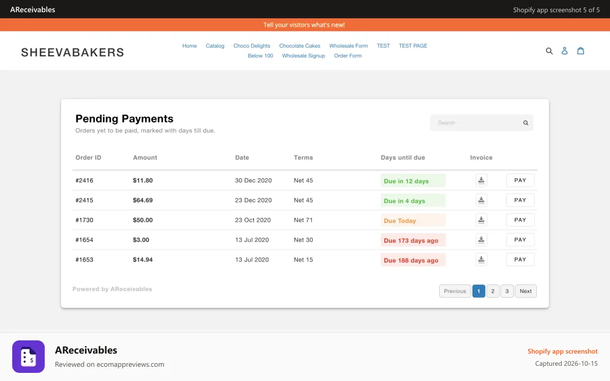AReceivables Shopify app screenshot: Customer storefront screen