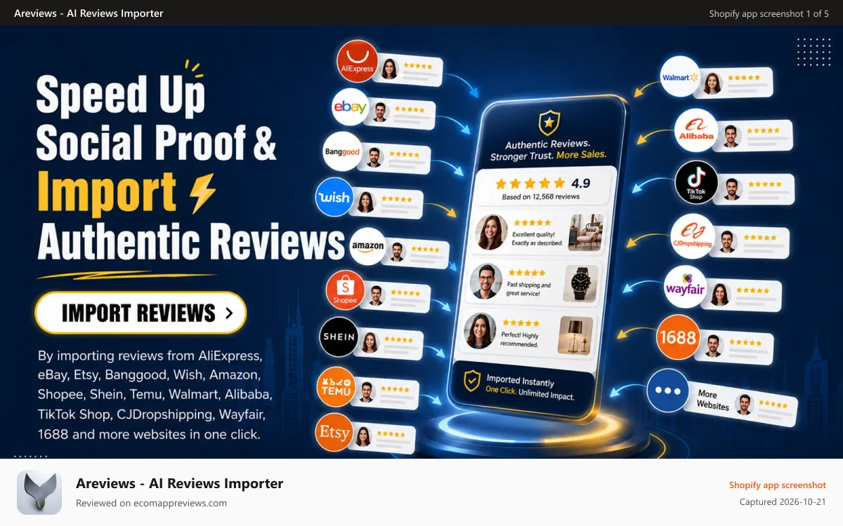 Areviews ‑ AI Reviews Importer Shopify app screenshot: Import From Amazon,aliexpres,etsy,Ebay,shein and more