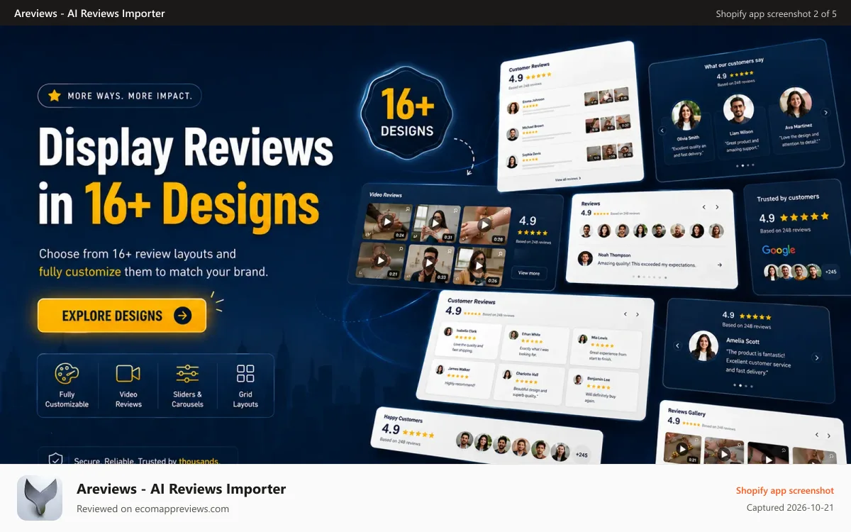 Areviews ‑ AI Reviews Importer Shopify app screenshot: show reviews design in different designs