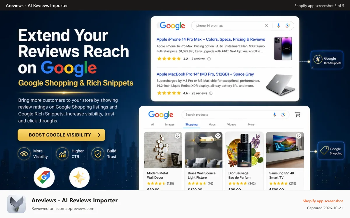 Areviews ‑ AI Reviews Importer Shopify app screenshot: show reviews on google shopping and snippets