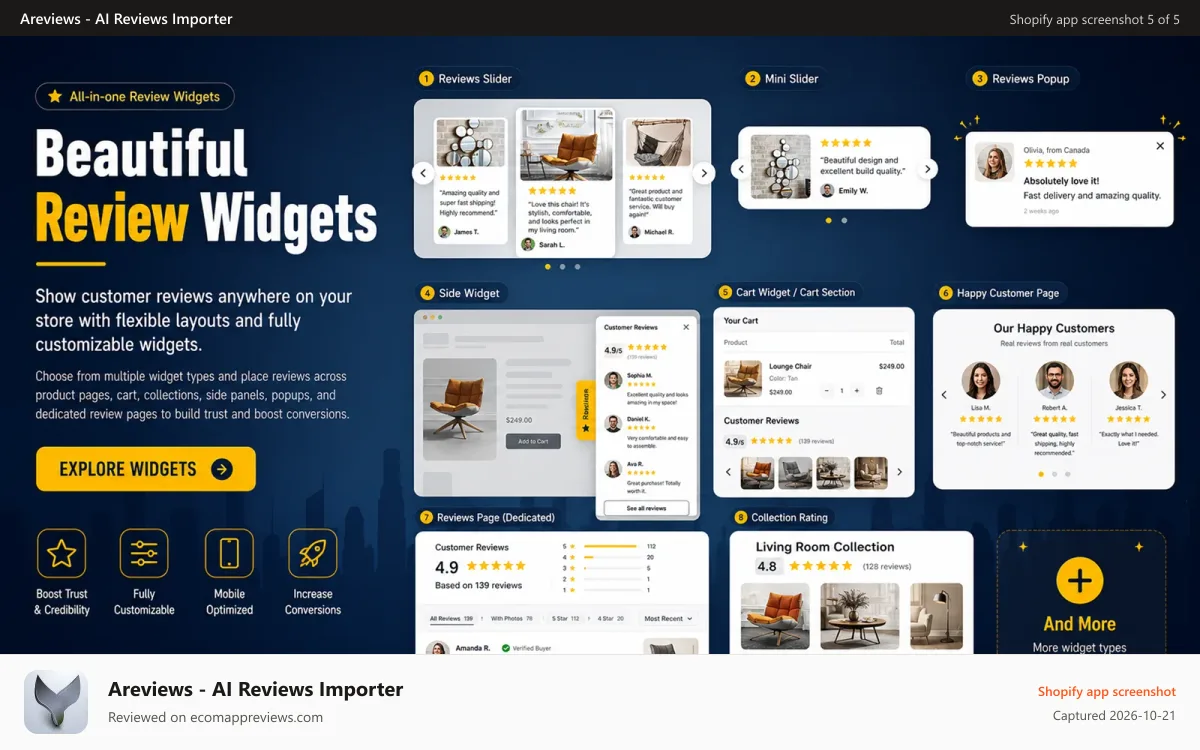 Areviews ‑ AI Reviews Importer Shopify app screenshot: Display reviews in different types of widgets