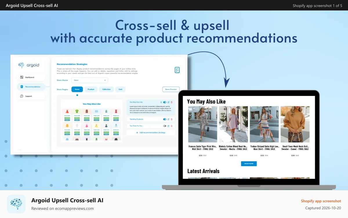 Argoid Upsell Cross‑sell AI Shopify app screenshot: Cross-sell & upsell product recommendations