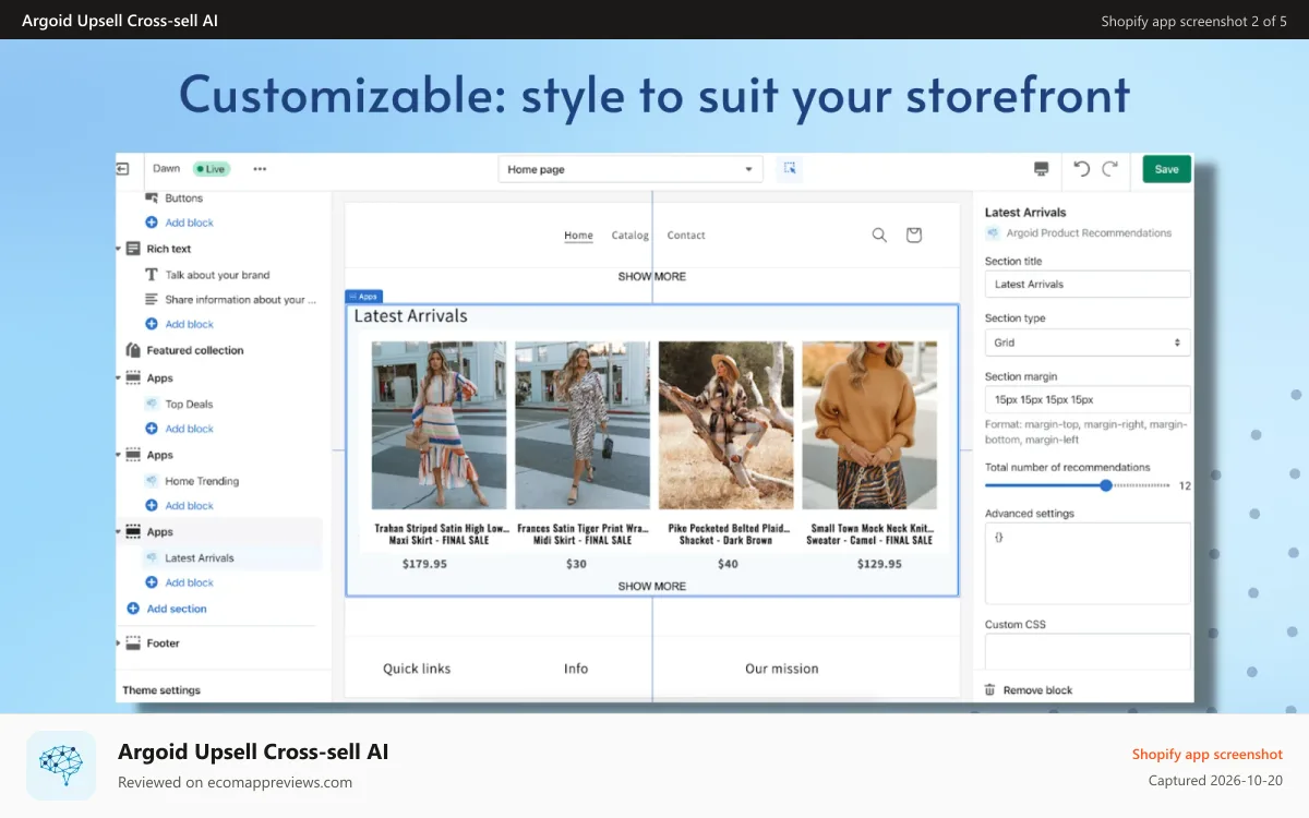 Argoid Upsell Cross‑sell AI Shopify app screenshot: Customizable to your storefront