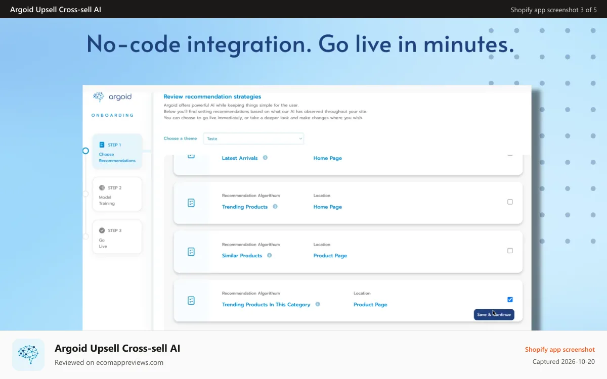 Argoid Upsell Cross‑sell AI Shopify app screenshot: No-code integration