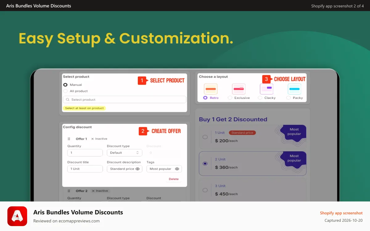 Aris Bundles Volume Discounts Shopify app screenshot: Easy Setup & Customization. Customize discounts effortlessly