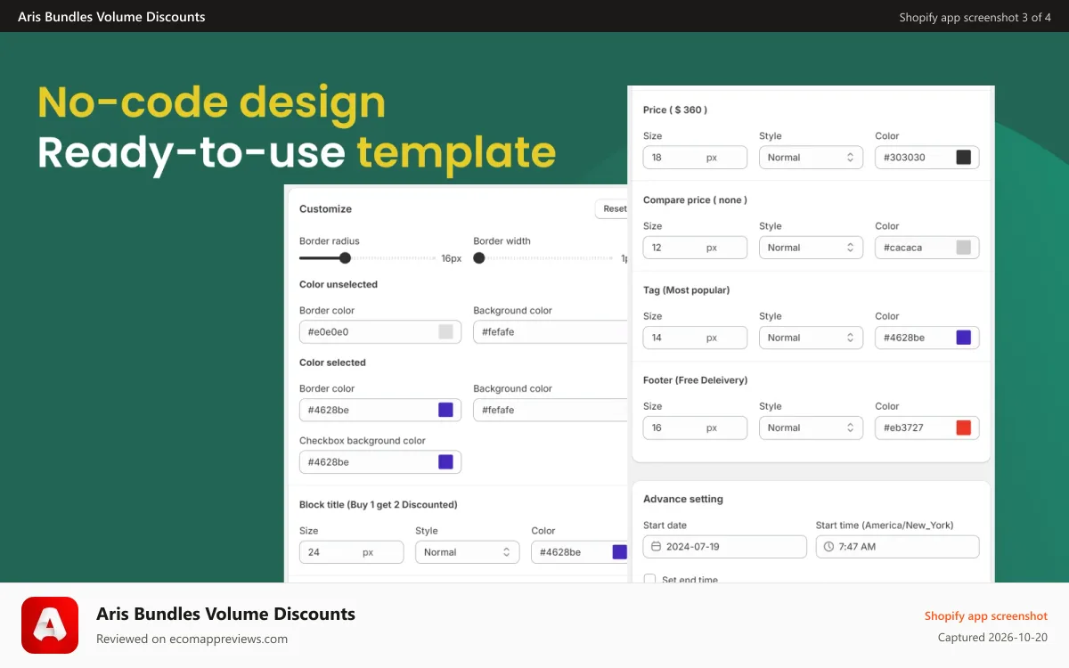 Aris Bundles Volume Discounts Shopify app screenshot: No coding needed
