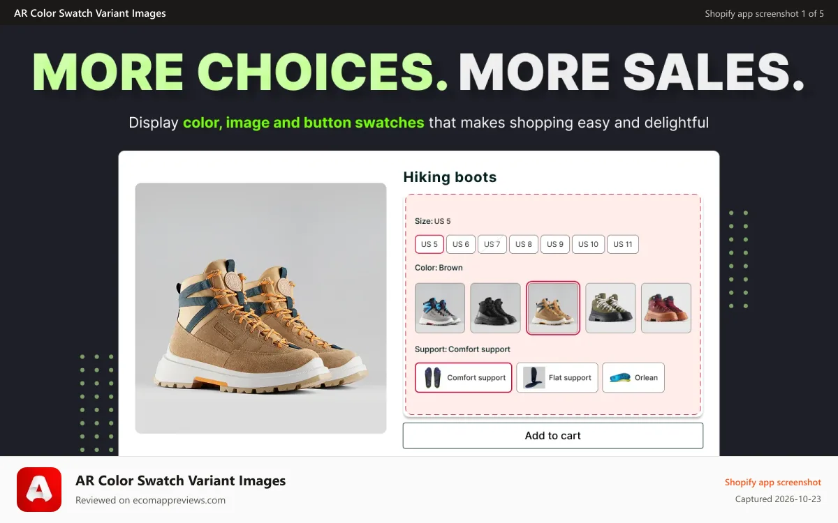 AR Color Swatch Variant Images Shopify app screenshot: Turn variant into swatches on product page