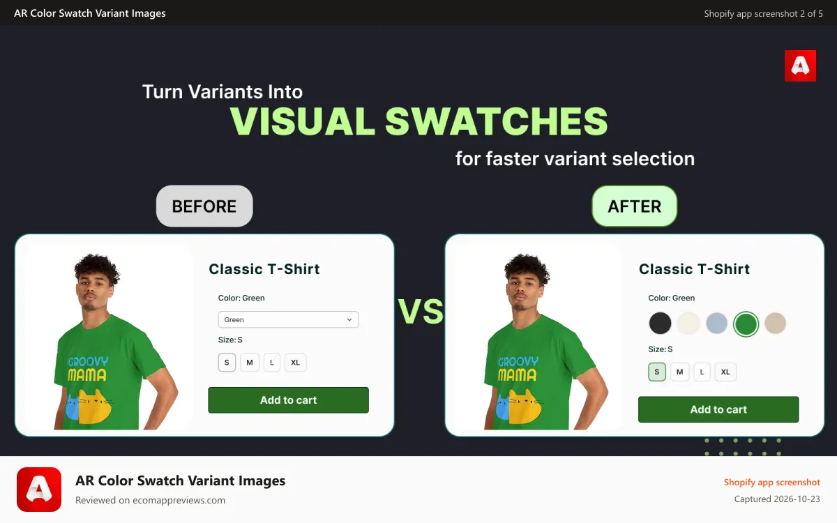 AR Color Swatch Variant Images Shopify app screenshot: Change variant's display style on product page