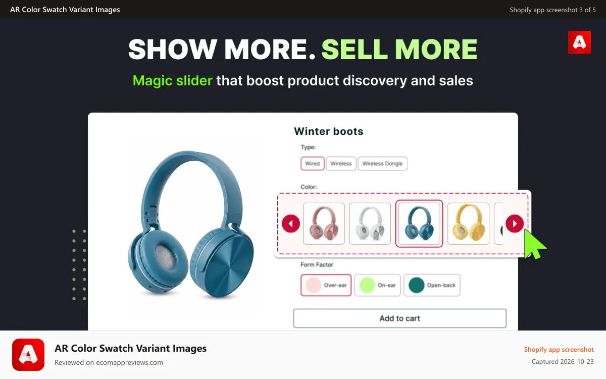 AR Color Swatch Variant Images Shopify app screenshot: Group variant selections and turn them into slider