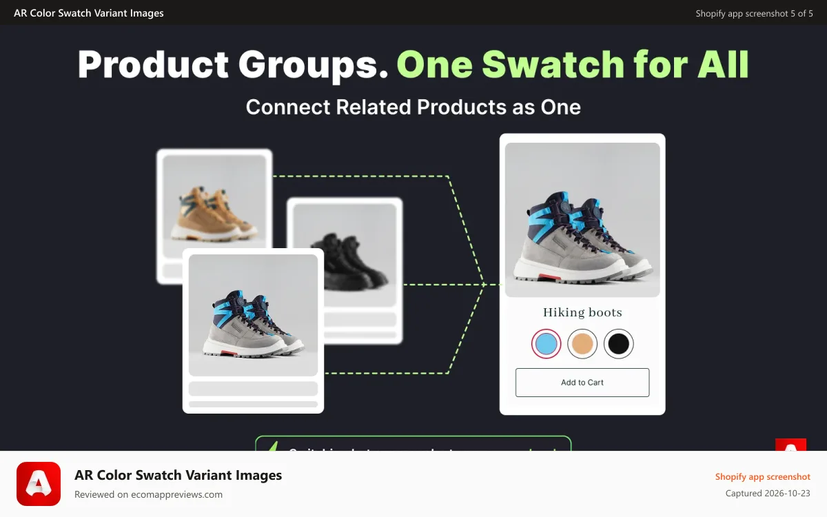 AR Color Swatch Variant Images Shopify app screenshot: Create options on product page to switch between products