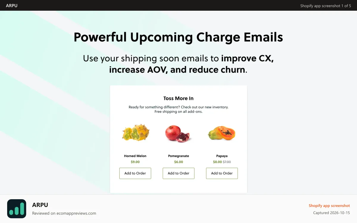 ARPU Shopify app screenshot: Send custom subscriber upcoming charge emails