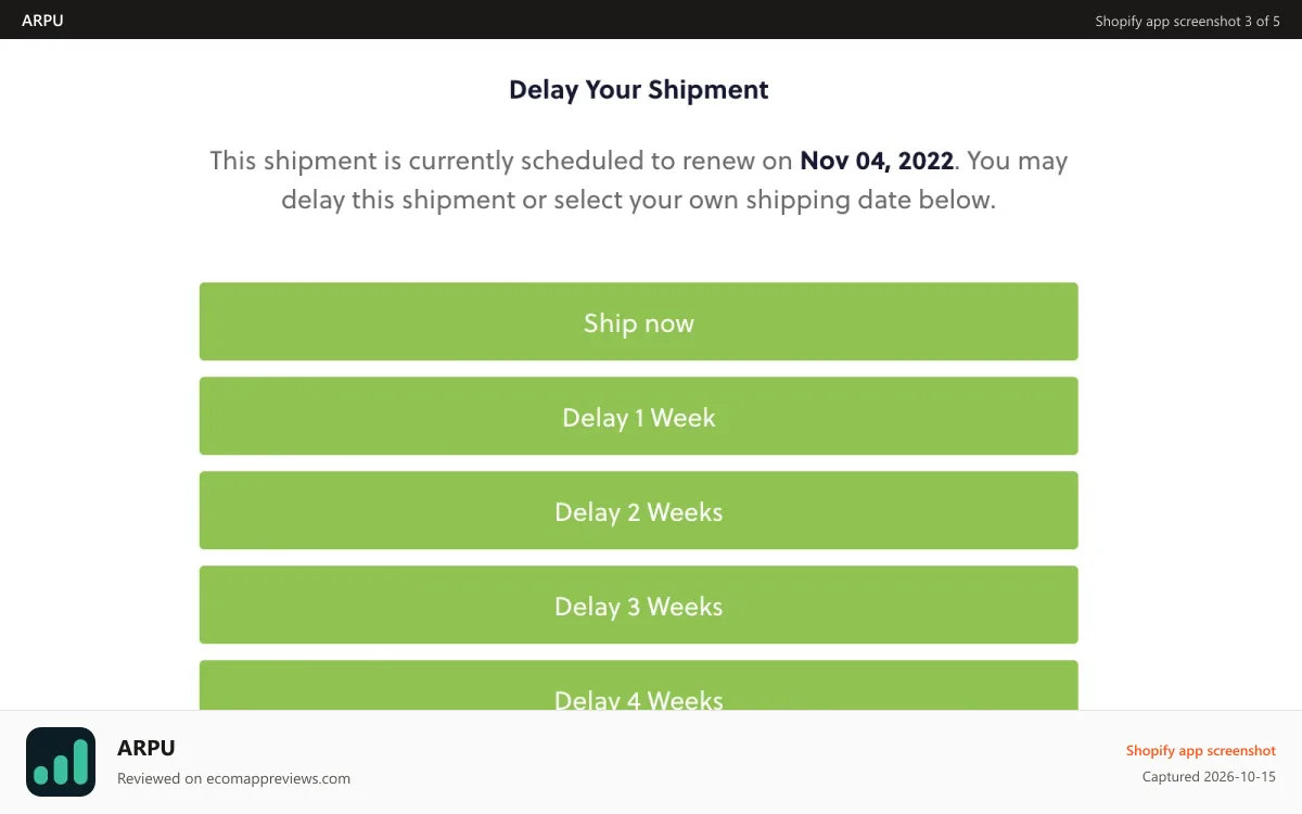 ARPU Shopify app screenshot: ARPU delay options