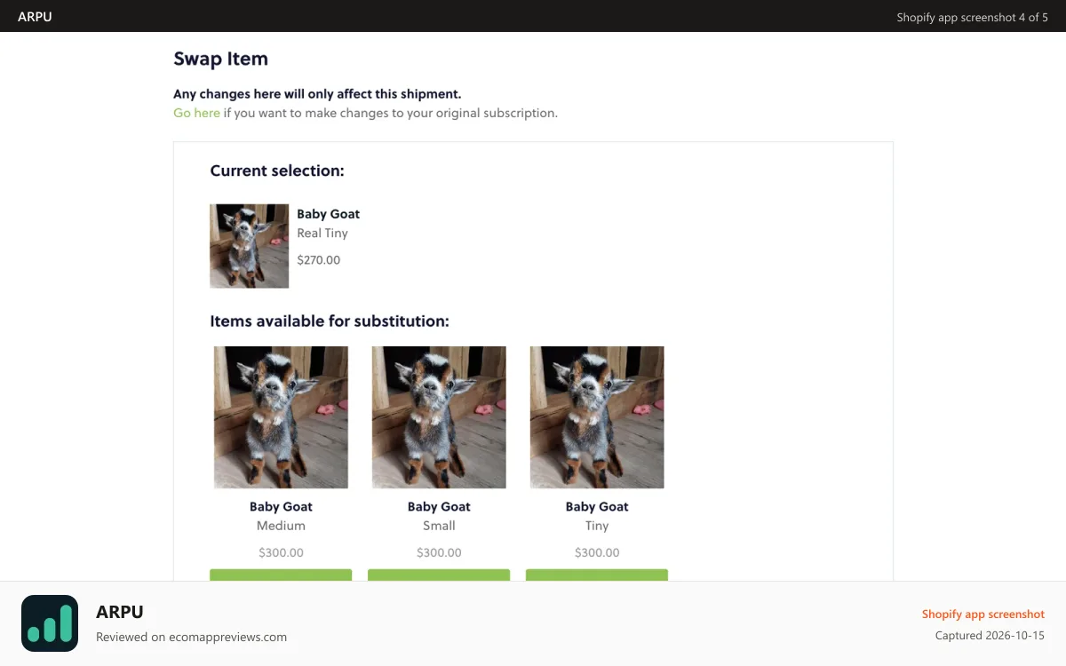 ARPU Shopify app screenshot: ARPU variant swaps flow