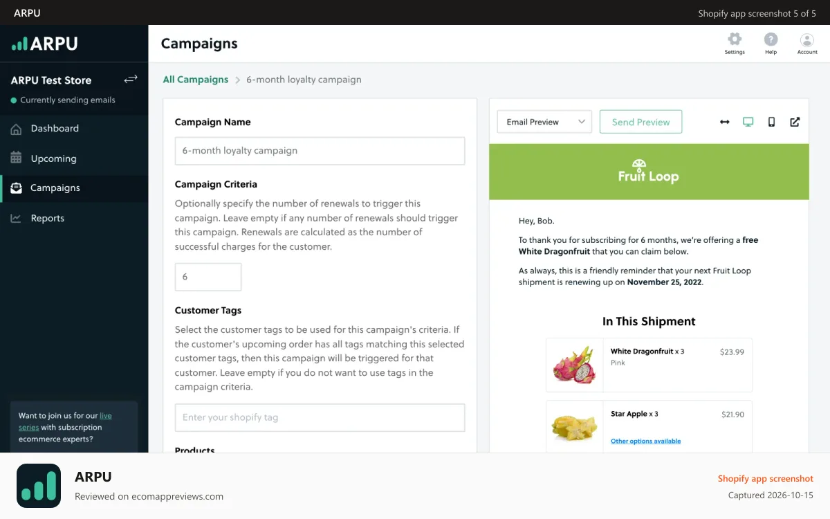 ARPU Shopify app screenshot: ARPU Campaign Editor