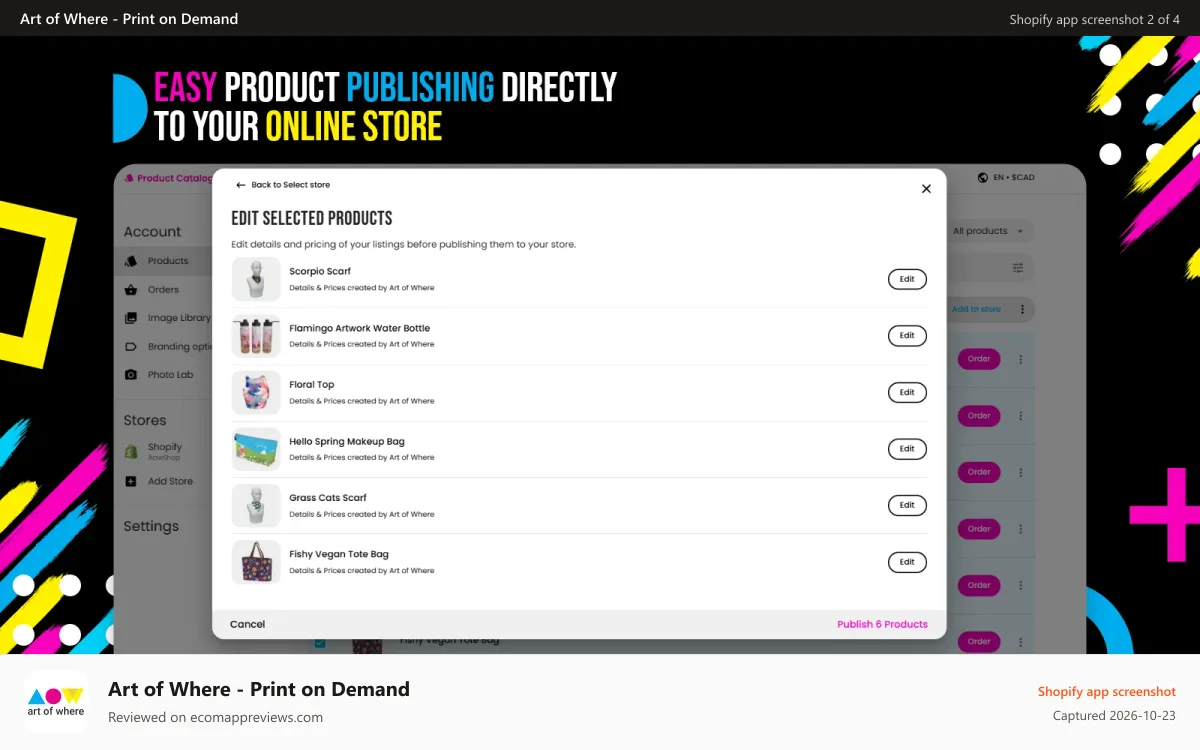 Art of Where ‑ Print on Demand Shopify app screenshot: Publish products to your online store in minutes