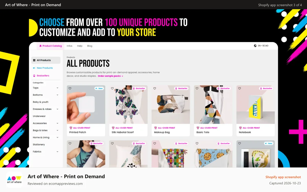 Art of Where ‑ Print on Demand Shopify app screenshot: 100+ unique products to customize and add to your store