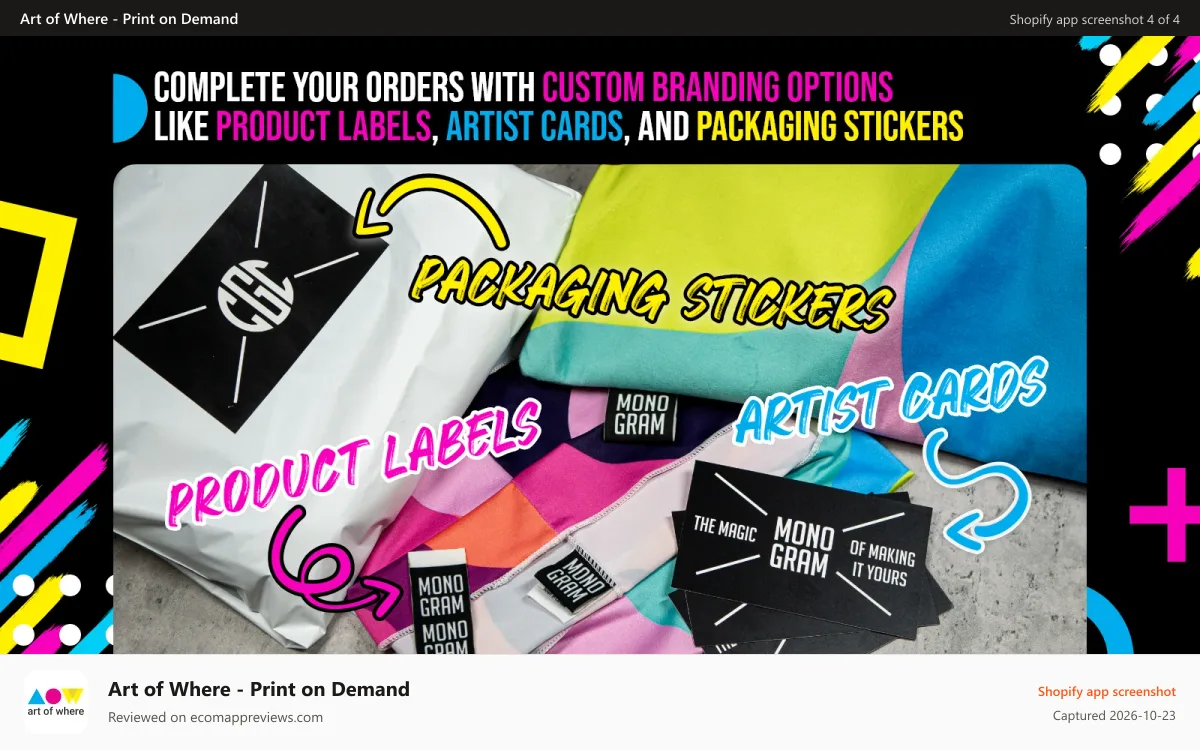 Art of Where ‑ Print on Demand Shopify app screenshot: Brand your products with custom labels, pack-ins and stickers
