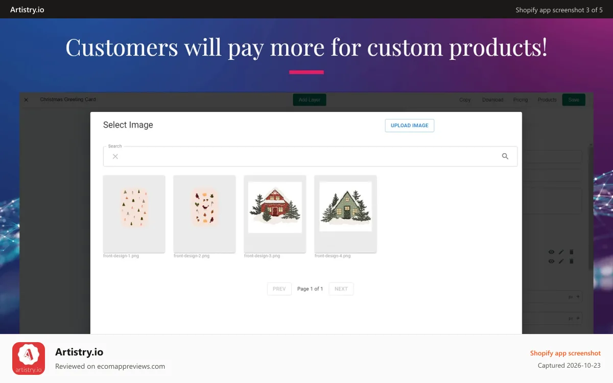 Artistry.io Shopify app screenshot: Allow customers to upload custom images, select from image galle