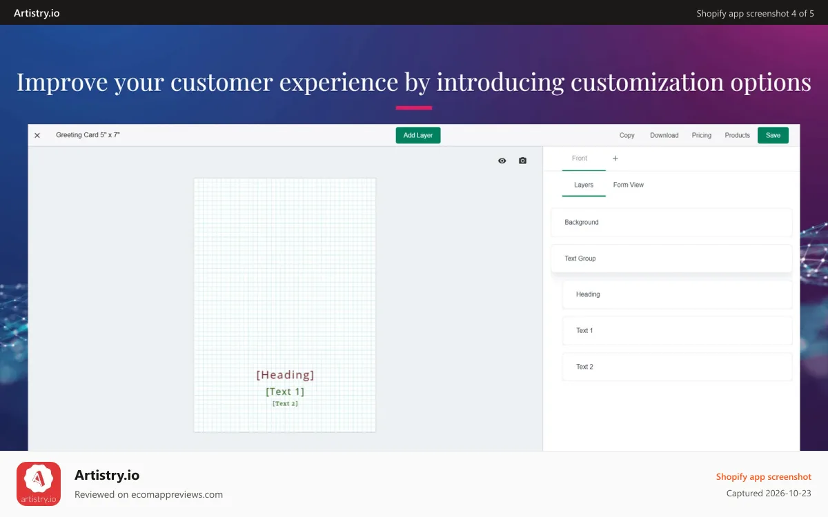 Artistry.io Shopify app screenshot: Customers see a live preview as they personalize their products.