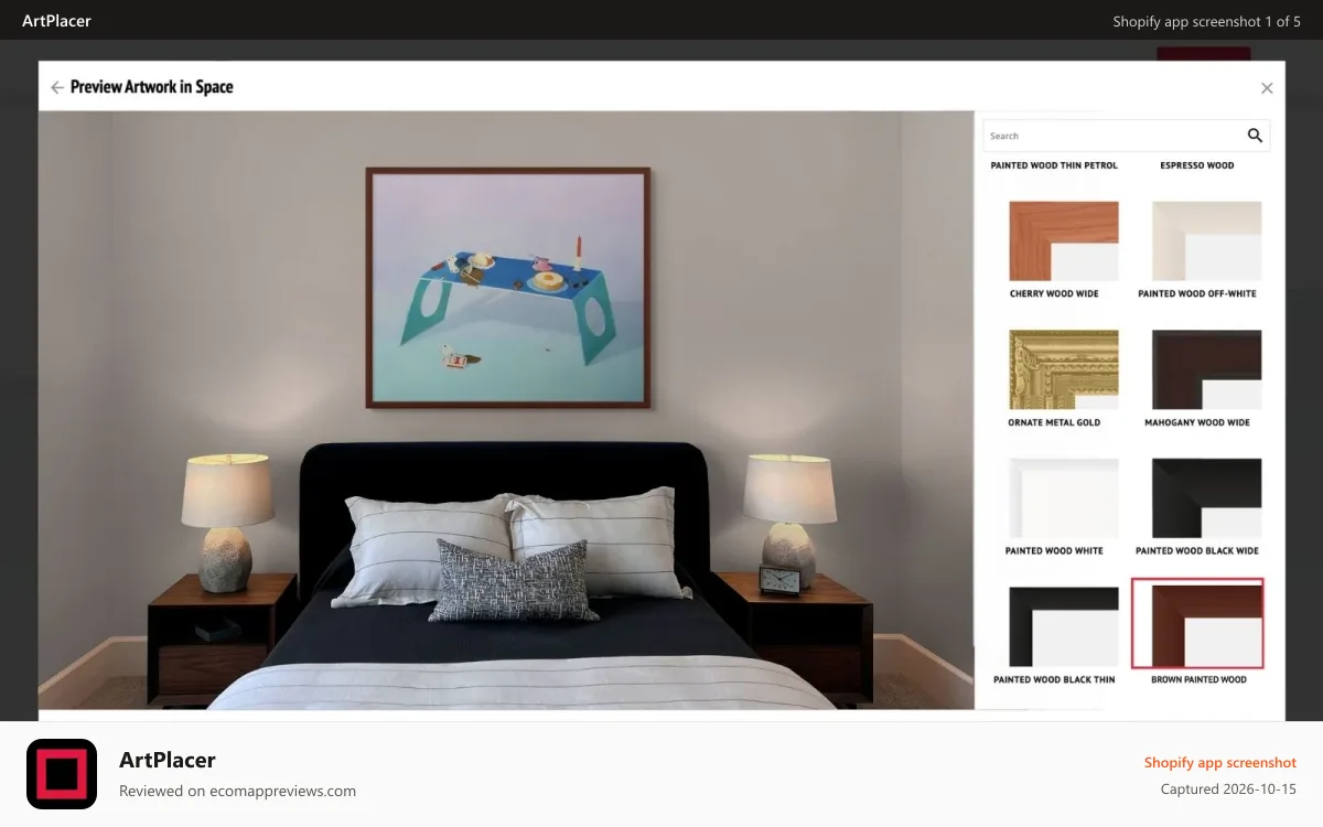 ArtPlacer Shopify app screenshot: A visitor trying frames in a Room Mockup