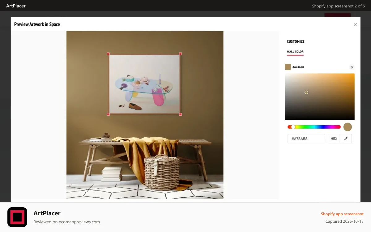 ArtPlacer Shopify app screenshot: A visitor adjusting the color of the wall in a Room Mockup