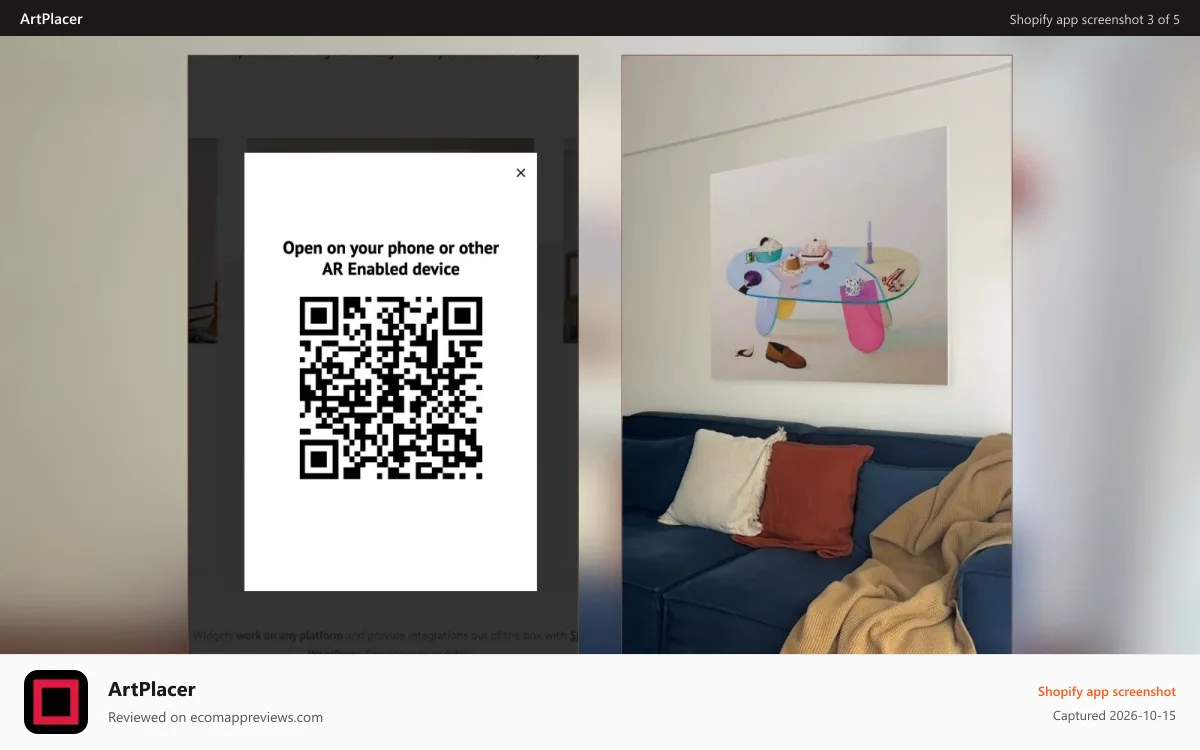 ArtPlacer Shopify app screenshot: A visitor using AR to view the artwork through their phone