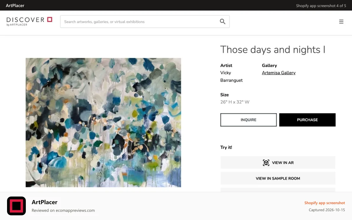 ArtPlacer Shopify app screenshot: The ArtPlacer Widgets in a user's Discover Profile