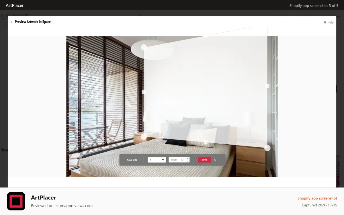 ArtPlacer Shopify app screenshot: A visitor setting the wall area in the Client Room Widget