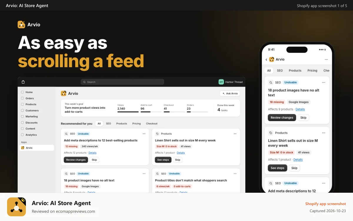 Arvio: AI Store Agent Shopify app screenshot: Arvio fix cards: one card, one tap, one fix