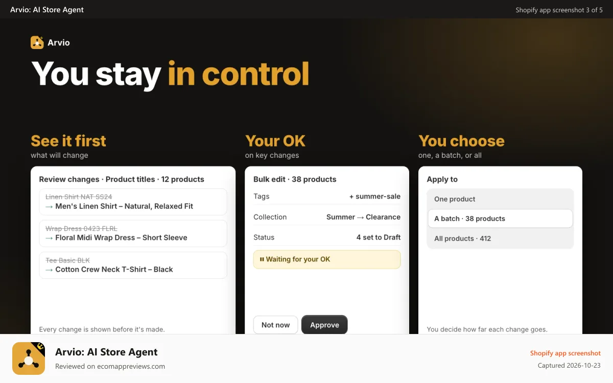 Arvio: AI Store Agent Shopify app screenshot: You stay in control: see changes first, key changes need your OK
