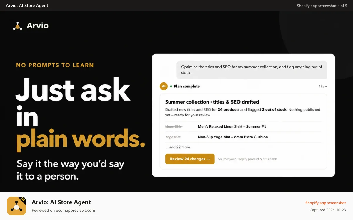 Arvio: AI Store Agent Shopify app screenshot: Arvio completes a plain-language store SEO request for a catalog