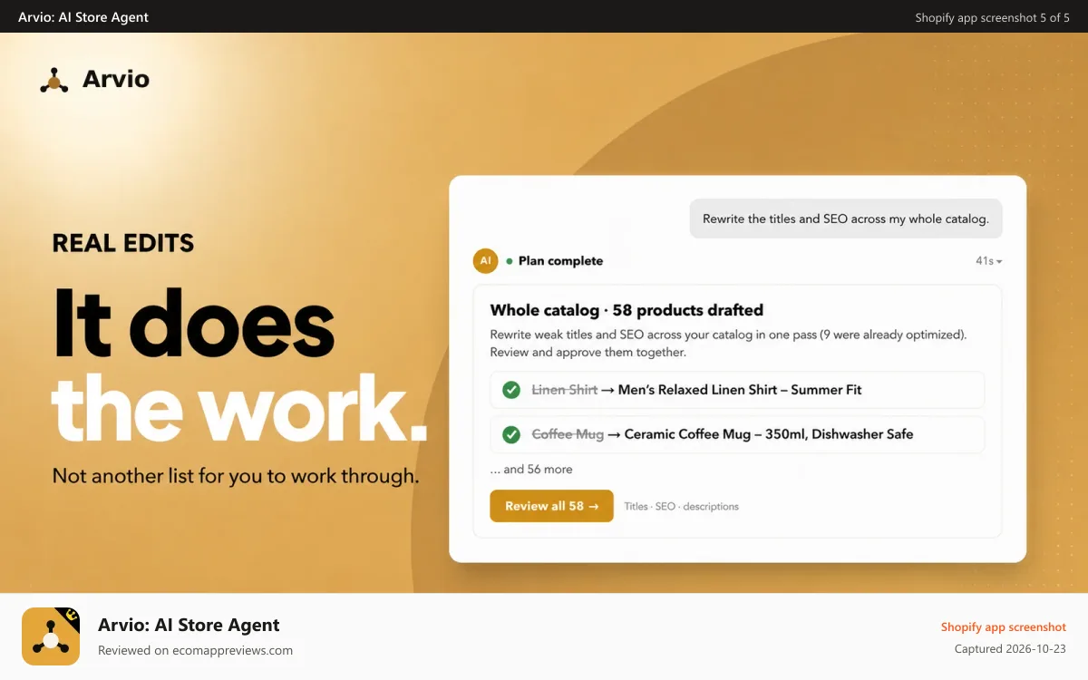 Arvio: AI Store Agent Shopify app screenshot: Bulk product editor drafting titles and SEO updates for 58 items