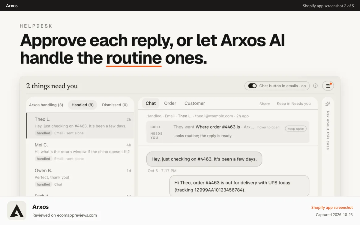 Arxos Shopify app screenshot: AI helpdesk and chatbot in your voice