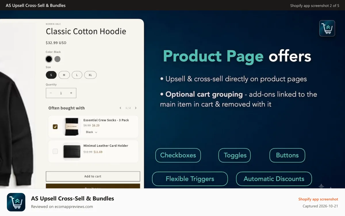 AS Upsell Cross‑Sell & Bundles Shopify app screenshot: Product page add-ons with custom triggers, styling, discount