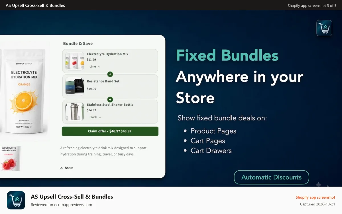 AS Upsell Cross‑Sell & Bundles Shopify app screenshot: Fixed bundles across product pages, cart pages and cart drawers