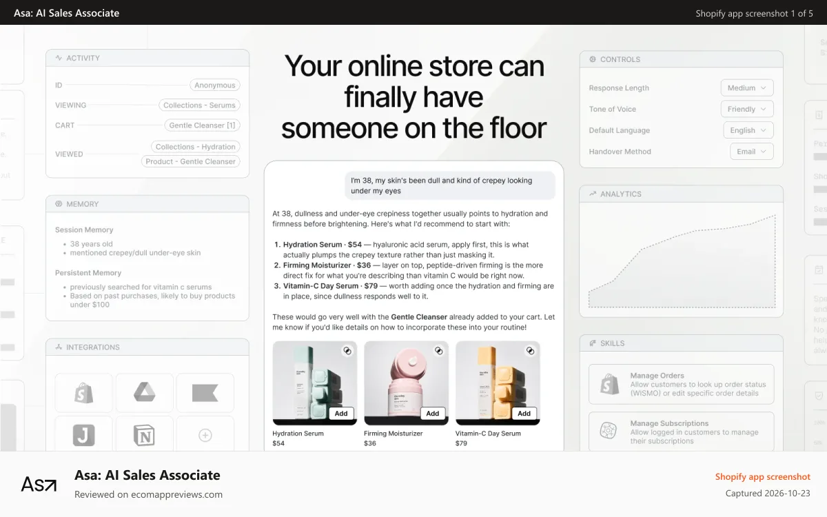 Asa: AI Sales Associate Shopify app screenshot: Asa is purpose-built for modern ecommerce