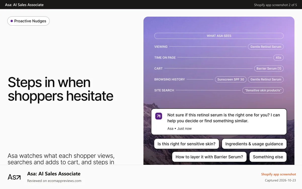Asa: AI Sales Associate Shopify app screenshot: Asa steps in when shoppers hesitate