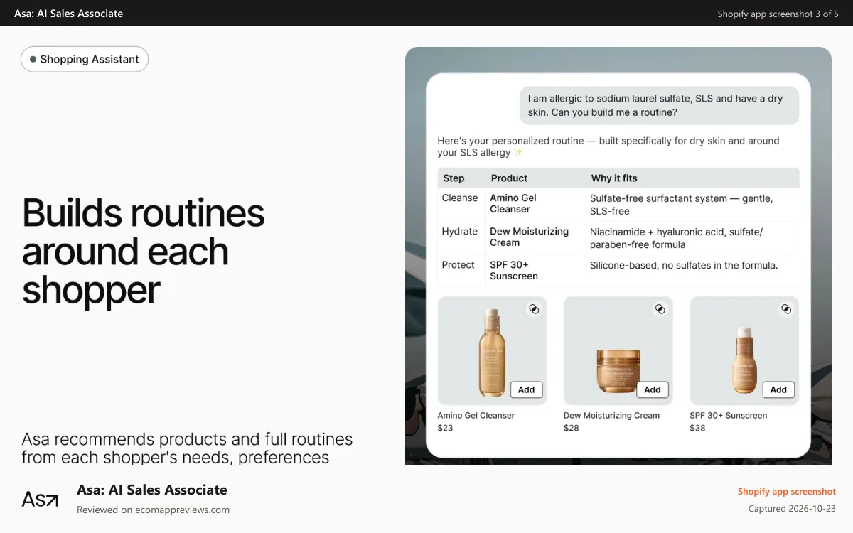 Asa: AI Sales Associate Shopify app screenshot: Asa enables personalized product guidance