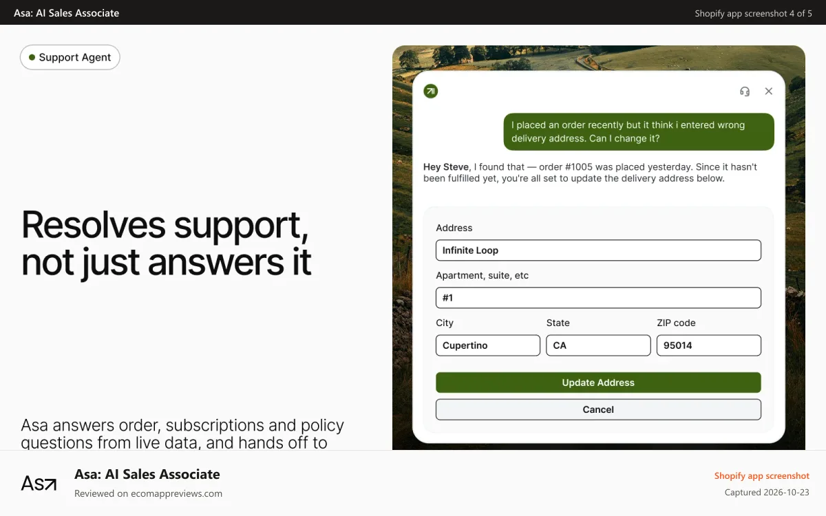 Asa: AI Sales Associate Shopify app screenshot: Asa enables automated customer support
